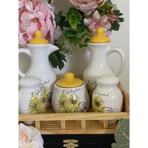 Vintage Ceramic Sunflowers Salt Pepper Vinegar Oil Set Cruet‎ Set Wooden Caddy